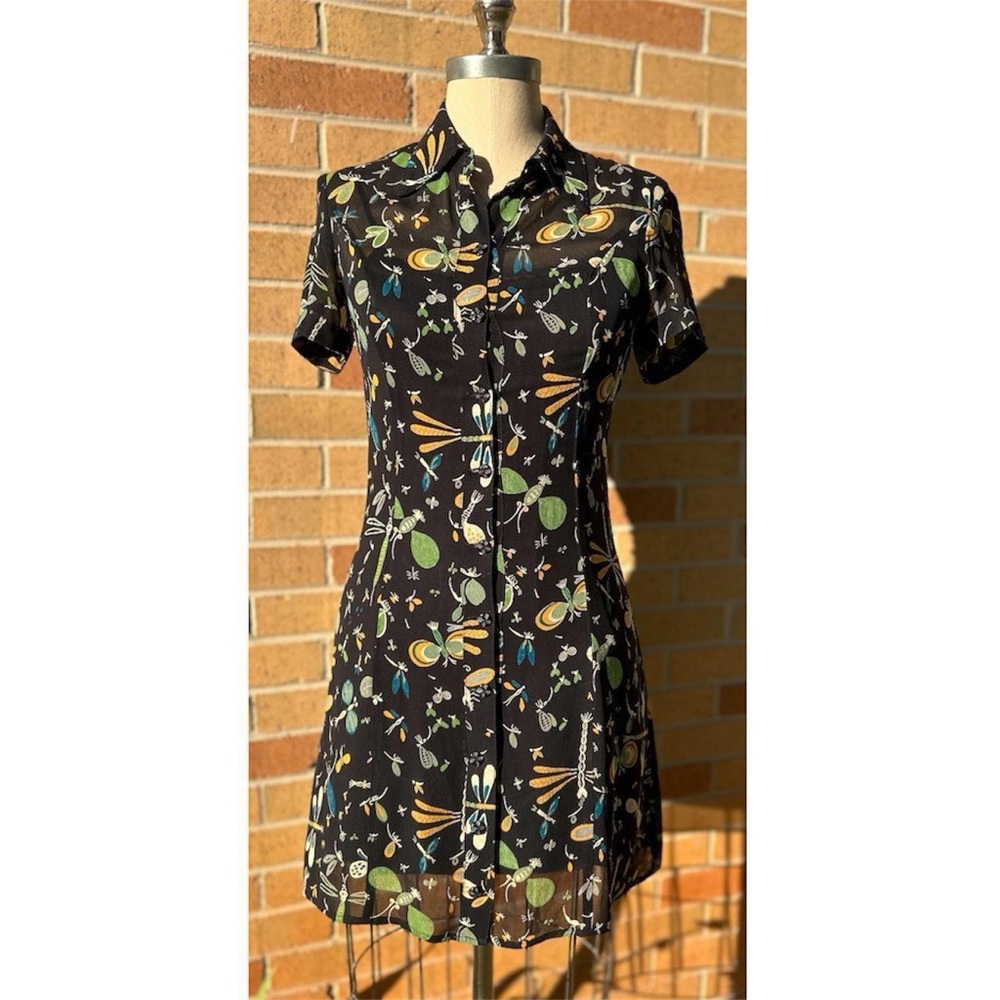 Rare Vintage 1990s Betsey Johnson Sheer Dragonfly Bug Button Up Dress.